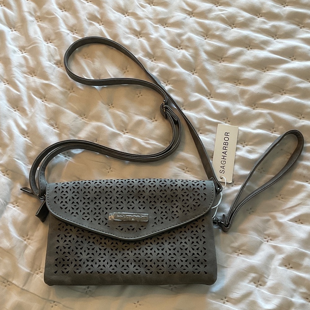 Sag Harbor Gray Laser-Cut Flap Crossbody Bag